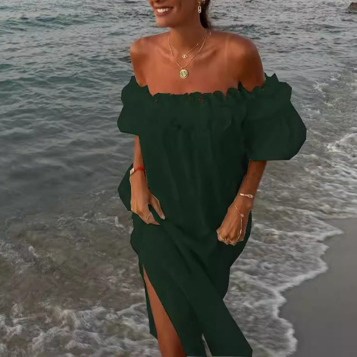 Linen Blend Off Shoulder Ruffle Puff Sleeve Midi Dress